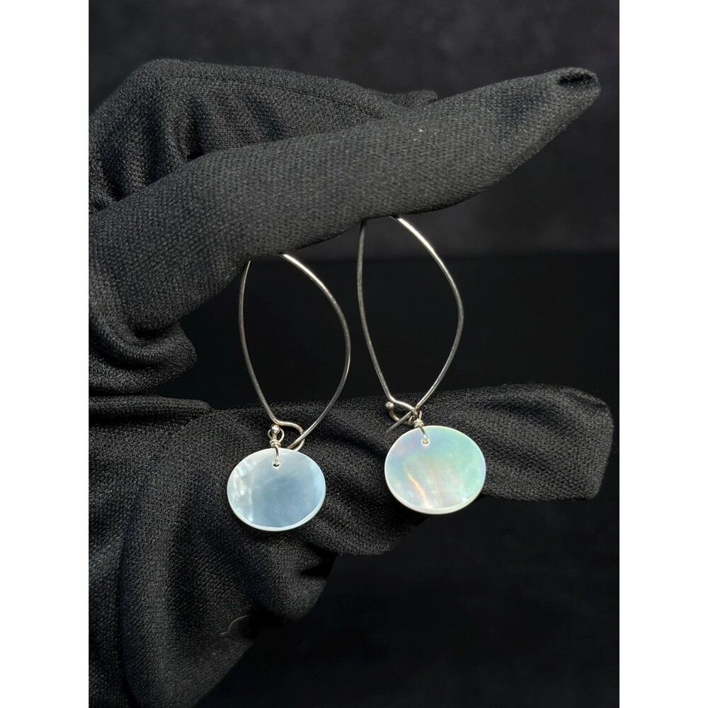 Mother of Pearl Disk Sterling Silver Wire Drop Earrings 2.09"